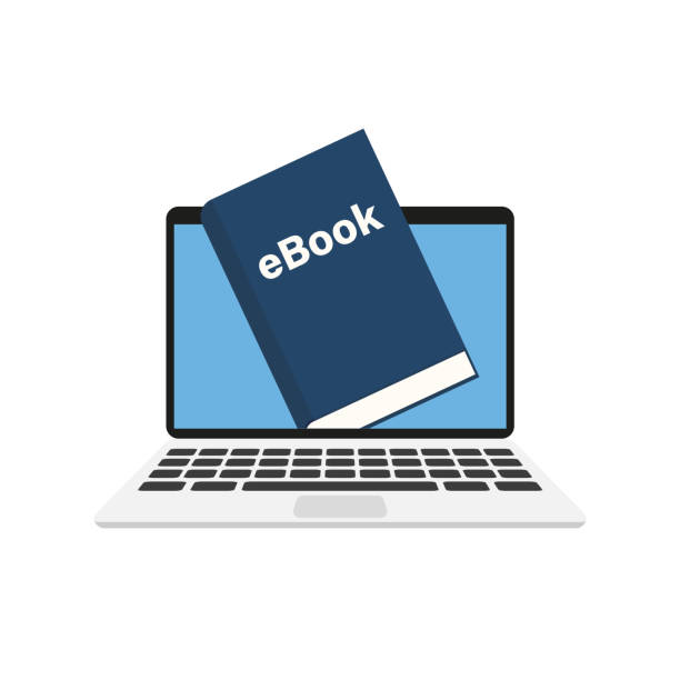 eBook in laptop. Online library. Isolated flat vector illustration