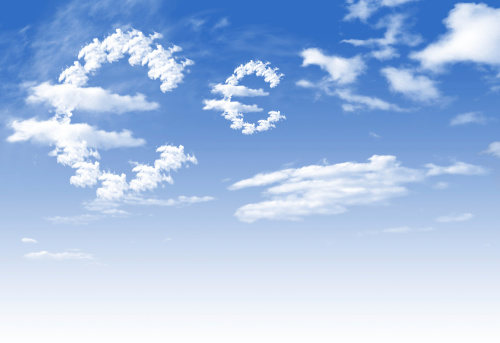 Cloud Euro currency symbol shape over blue sky